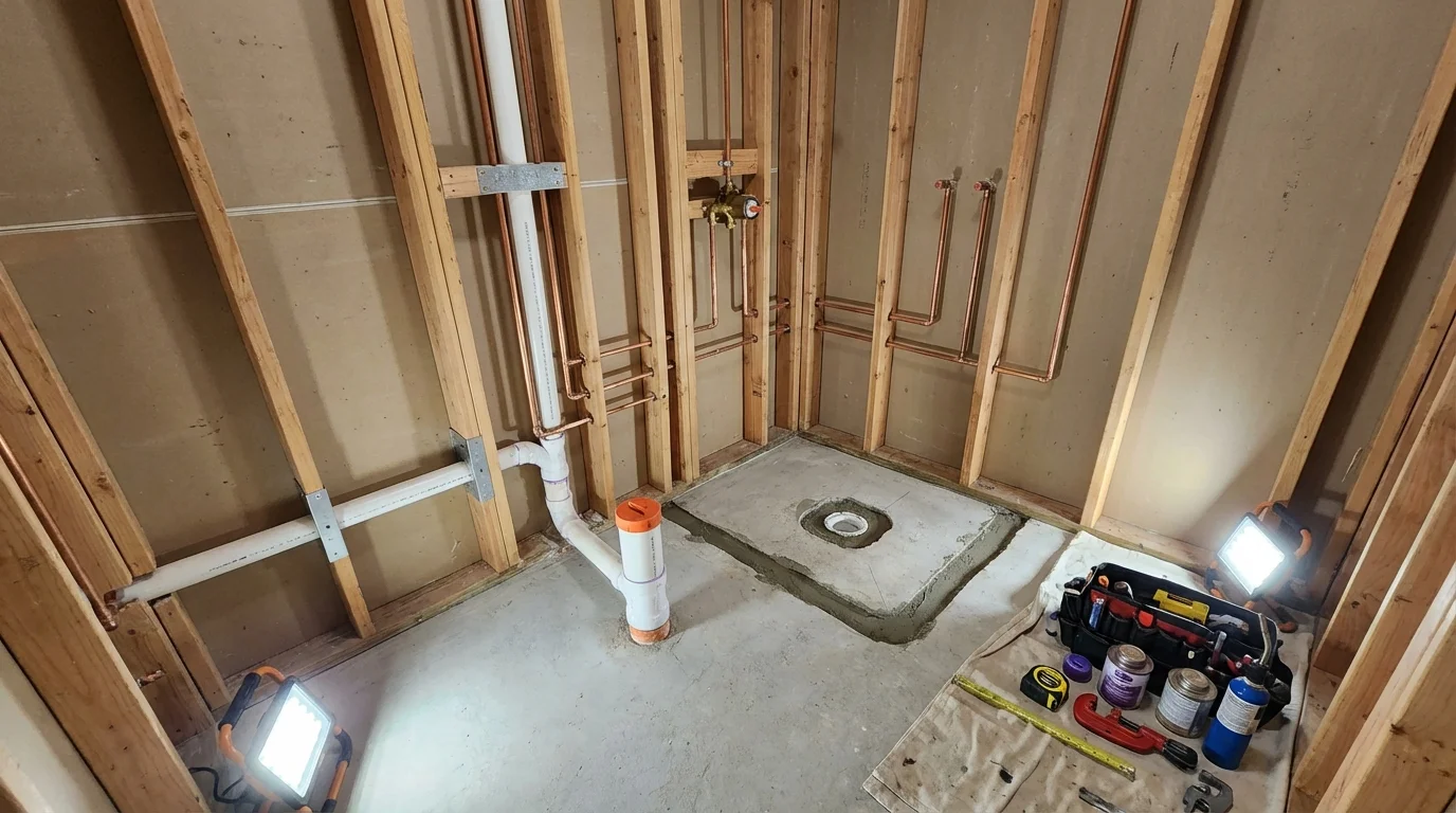 Bathroom rough-in plumbing during remodel by Johns Plumbing LLC in Lake Helen