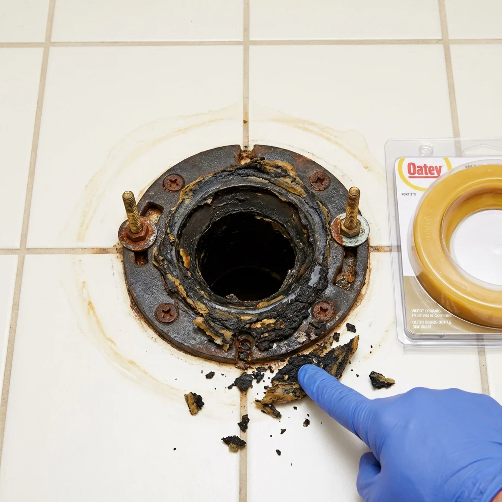 Failed wax ring showing water seepage at the base of a toilet in a Lake Helen, FL home