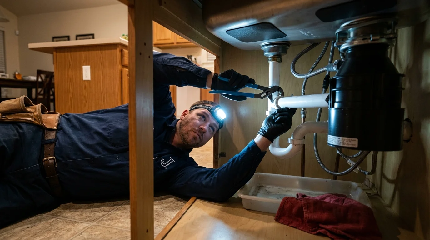P-trap and supply line connections under a kitchen sink showing a common leak point in Lake Helen, FL